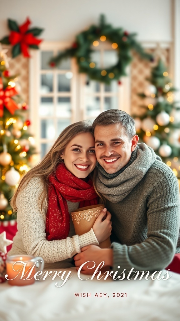 A Christmas card with a young couple smiling in a winter setting, decorated with festive elements.